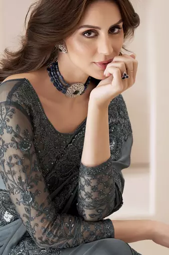 Grey satin georgette silk saree with luxurious banglori silk blouse for weddings and festive occasions