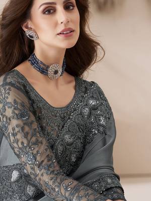 Grey satin georgette silk saree with luxurious banglori silk blouse for weddings and festive occasions 3