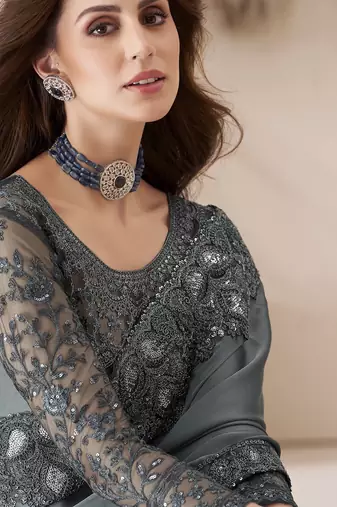 Grey satin georgette silk saree with luxurious banglori silk blouse for weddings and festive occasions