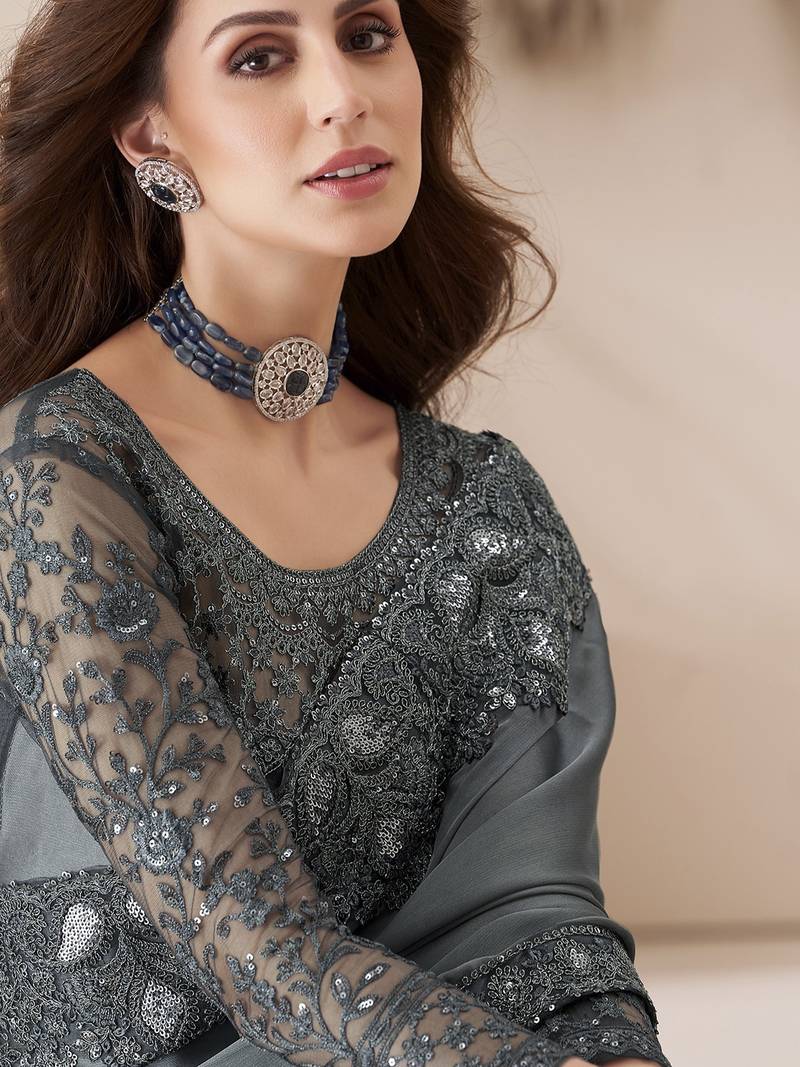 Grey satin georgette silk saree with luxurious banglori silk blouse for weddings and festive occasions