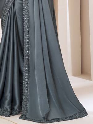 Grey satin georgette silk saree with luxurious banglori silk blouse for weddings and festive occasions 4