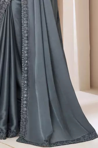 Grey satin georgette silk saree with luxurious banglori silk blouse for weddings and festive occasions