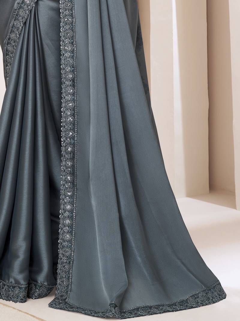 Grey satin georgette silk saree with luxurious banglori silk blouse for weddings and festive occasions