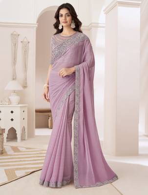 Light lavender satin georgette saree detailed work banglori silk blouse for weddings and festive occasions 1