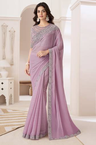 Light lavender satin georgette saree detailed work banglori silk blouse for weddings and festive occasions