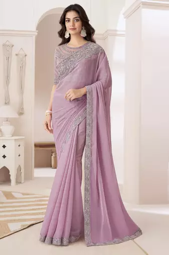 Light lavender satin georgette saree detailed work banglori silk blouse for weddings and festive occasions