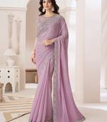 Light lavender satin georgette saree detailed work banglori silk blouse for weddings and festive occasions