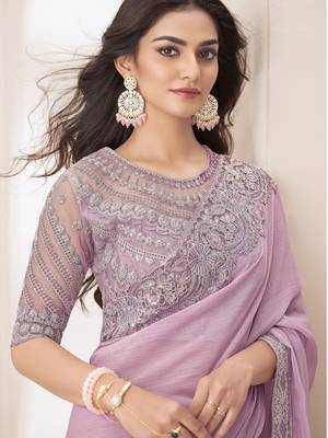 Light lavender satin georgette saree detailed work banglori silk blouse for weddings and festive occasions 2