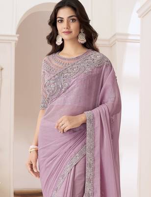 Light lavender satin georgette saree detailed work banglori silk blouse for weddings and festive occasions 3