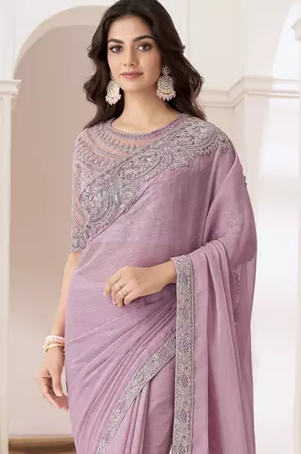 Light lavender satin georgette saree detailed work banglori silk blouse for weddings and festive occasions