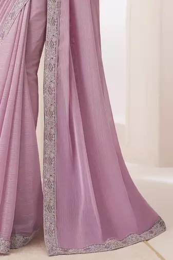 Light lavender satin georgette saree detailed work banglori silk blouse for weddings and festive occasions