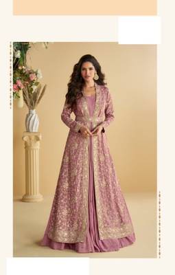 pink chinon silk two piece gown with belt-Full Stitched Free size 1