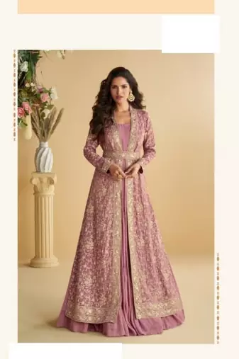 Pink chinon silk two piece full stitched gownd with belt size upto 44