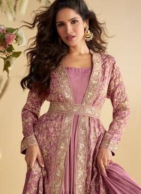 pink chinon silk two piece gown with belt-Full Stitched Free size 2