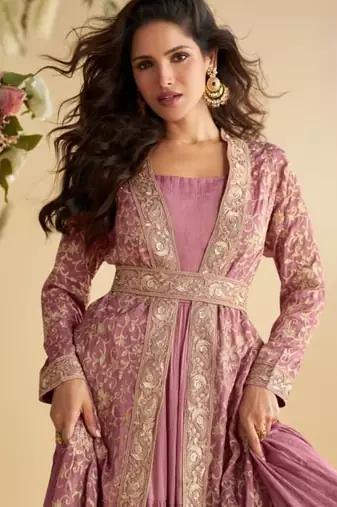 pink chinon silk two piece gown with belt-Full Stitched Free size