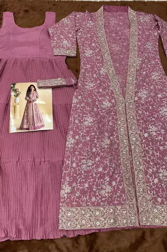 pink chinon silk two piece gown with belt-Full Stitched Free size