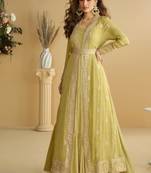 Green chinon silk two piece full stitched gownd with belt size upto 44