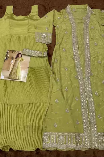 green chinon silk two piece gown with belt-Full Stitched Free size