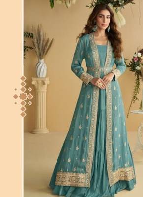 sky blue chinon silk two piece gown with belt-Full Stitched Free size 1