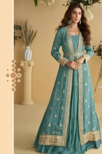 Sky blue chinon silk two piece full stitched gownd with belt size upto 44