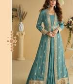 Sky blue chinon silk two piece full stitched gownd with belt size upto 44