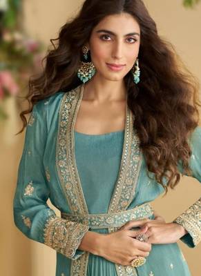 sky blue chinon silk two piece gown with belt-Full Stitched Free size 2