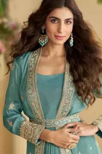 sky blue chinon silk two piece gown with belt-Full Stitched Free size