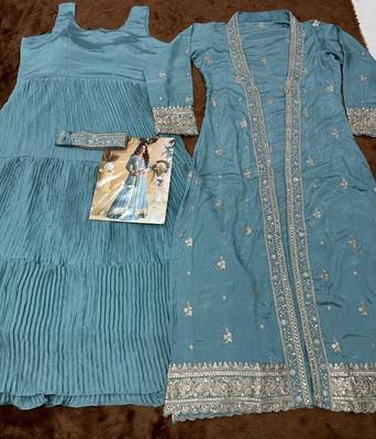 sky blue chinon silk two piece gown with belt-Full Stitched Free size 3