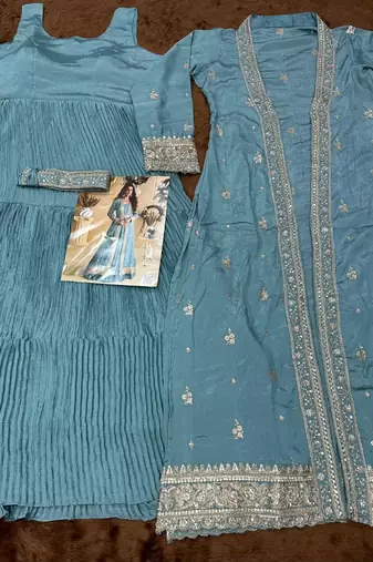 sky blue chinon silk two piece gown with belt-Full Stitched Free size