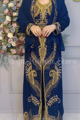 Royal Navy Blue Embroidered Stitched Kaftan with Heavy Golden Work | Party & Occasion Wear Farasha