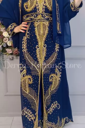 Royal Navy Blue Embroidered Stitched Kaftan with Heavy Golden Work | Party & Occasion Wear Farasha