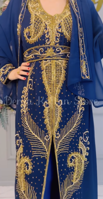 Royal Navy Blue Embroidered Stitched Kaftan with Heavy Golden Work | Party & Occasion Wear Farasha 3