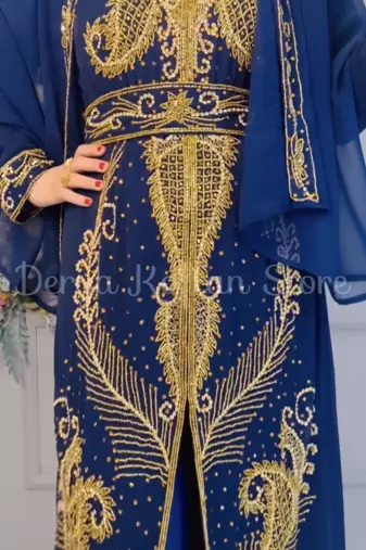Royal Navy Blue Embroidered Stitched Kaftan with Heavy Golden Work | Party & Occasion Wear Farasha