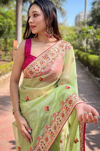 Green Color Embroidered Twill Net Saree