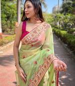 Green Color Embroidered Twill Net Saree