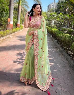Green Color Embroidered Twill Net Saree 2
