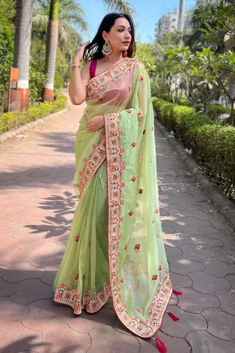 Green Color Embroidered Twill Net Saree