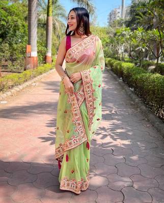 Green Color Embroidered Twill Net Saree 3