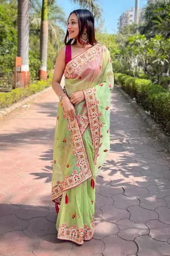 Green Color Embroidered Twill Net Saree