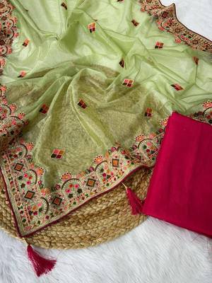 Green Color Embroidered Twill Net Saree 4