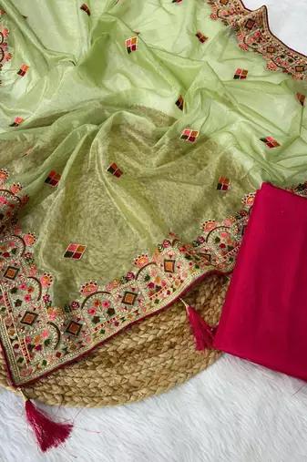 Green Color Embroidered Twill Net Saree