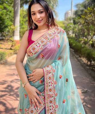Sky Blue Color Embroidered Twill Net Saree 1