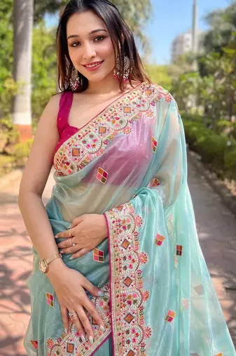 Sky Blue Color Embroidered Twill Net Saree