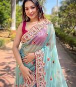 Sky Blue Color Embroidered Twill Net Saree