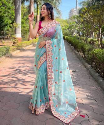 Sky Blue Color Embroidered Twill Net Saree 2