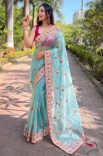 Sky Blue Color Embroidered Twill Net Saree