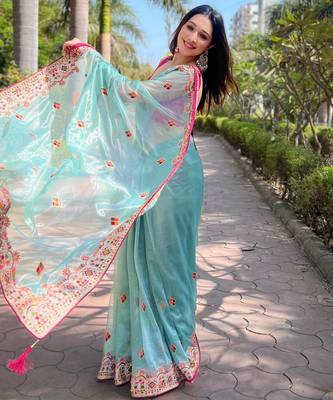 Sky Blue Color Embroidered Twill Net Saree 3
