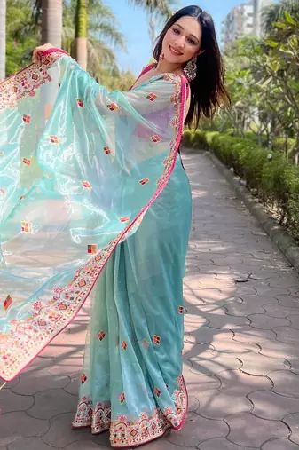 Sky Blue Color Embroidered Twill Net Saree