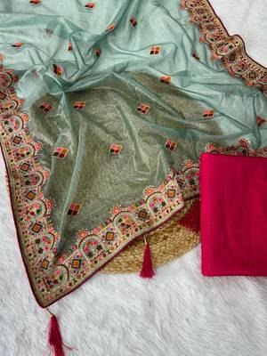 Sky Blue Color Embroidered Twill Net Saree 4