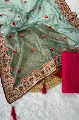 Sky Blue Color Embroidered Twill Net Saree